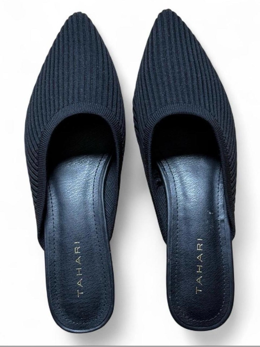 Tahari Black Pointed Knit Slip-On Mules